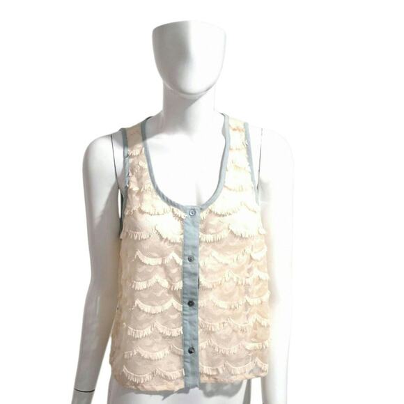 Nwt DOUBLE ZERO Scalloped Fringe Button Top Women's S/M Open Knit Dainty Sheer - Picture 1 of 9